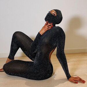 Black Glitter Full-Body Catsuit with Matching Face Mask